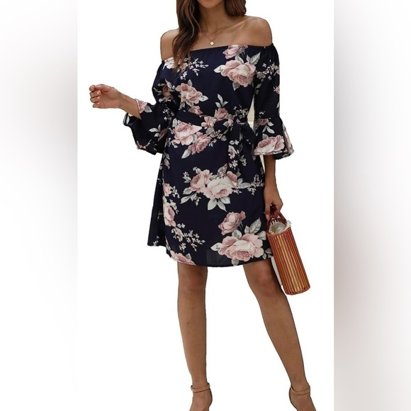 New Women’s Off Shoulder Ruffles Floral Tunic Casual Party Shift Short Dress Med - Picture 3 of 5